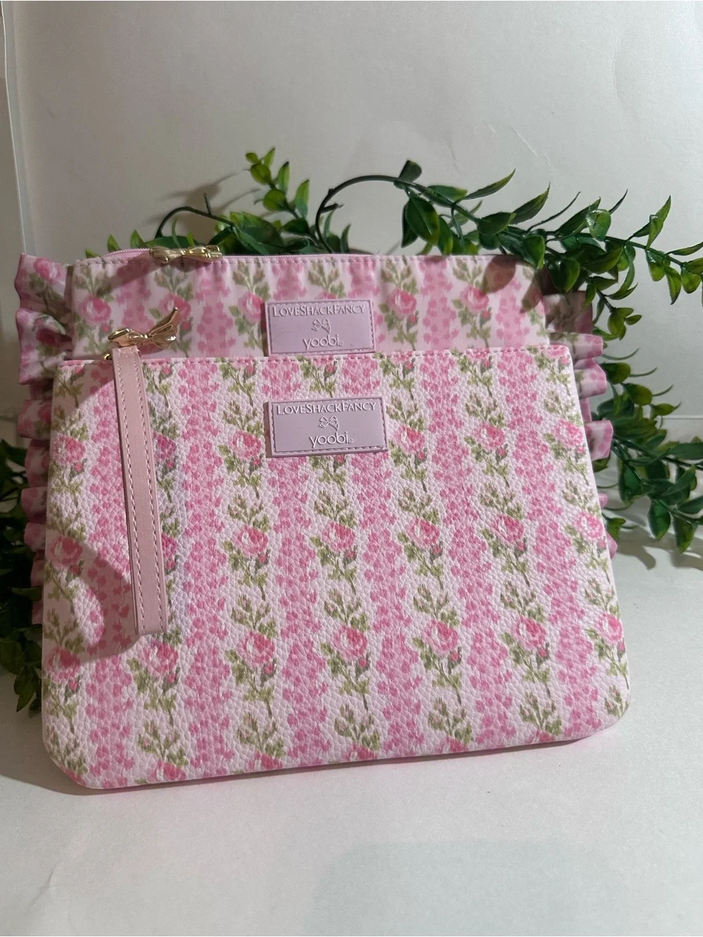 LoveShackFancy Blooming Heirloom Pink Floral Cosmetic/Accessory Pouch Set
